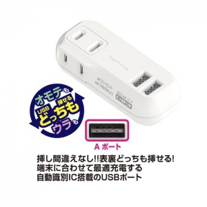 電源タップ ACコンセント2個+USB Type-A 2ポート 2AC2USB 2.4A リバーシブル ホワイト カシムラ AC-031