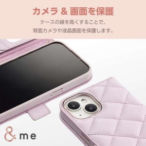 【即納】【代引不可】iPhone 15 用 ケース レザー カバー 手帳型 マグネット フラップ 衝撃吸収 ハンドストラップ付 キルティング ミラー付 カードケース機能付 &me ラベンダー エレコム PM-A23APLFJM4PU