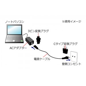 海外用 ACケーブル 3ピン変換プラグ&Cタイプ変換プラグ付き ノートパソコン用インラインケーブル 【例外承認対象品・日本国内使用不可】  カシムラ NTI-105