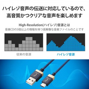 【代引不可】タイプC ケーブル USB A to Type C 1m 高耐久 ハイレゾ対応 【 USB-A 搭載 PC 等/ Type-C 搭載 DAC アンプ オーディオインターフェース 等 機器対応 】 ネイビー エレコム DH-AC10