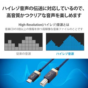 【代引不可】タイプB ケーブル Type C to USB B 1m 高耐久 ハイレゾ対応 【Type-C搭載 PC スマホ 等/USB-B搭載 DAC アンプ オーディオインターフェース等機器対応】 ネイビー エレコム DH-CB10