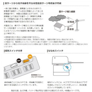 【代引不可】TV用 コンセントタップ ほこり防止シャッター付 雷ガードタップ 個別スイッチ 4個口 5m 雷サージ吸収素子内臓 雷ガード 待機電力節約 電源タップ  エレコム AVT-K6A-2450BK