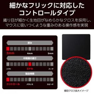 【即納】【代引不可】ゲーミング マウスパッド コントロールタイプ 細目クロス 表面 ラバーベース 420×460×3mm ゲーミングマウスパッド ブラック エレコム MP-G10BK