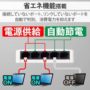 【即納】【代引不可】スイッチングハブ LAN ハブ 5ポート Giga対応 1000/100/10Mbps プラスチック筐体 AC電源 ファンレス 静音 省エネ機能 壁掛け設置対応 ホワイト エレコム EHC-G05PA2-W