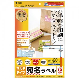 【代引不可】いろいろなプリンタで使えるマルチタイプのつやなしマットラベル 10面 20シート入り サンワサプライ LB-EM08N