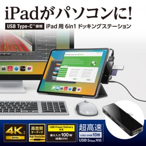 【即納】【代引不可】iPad専用 Type C ドッキングステーション ハブ 6-in-1 PD 100W給電 USB-C×1 USB-A×1 HDMI×1 SD+microSD×1 3.5mm4極ステレオミニ×1 直挿しタイプ ブラック ロジテック LHB-PAPP6U3