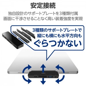 【即納】【代引不可】iPad専用 Type C ドッキングステーション ハブ 6-in-1 PD 100W給電 USB-C×1 USB-A×1 HDMI×1 SD+microSD×1 3.5mm4極ステレオミニ×1 直挿しタイプ ブラック ロジテック LHB-PAPP6U3